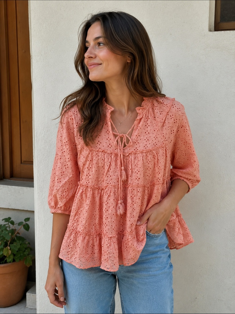 Altar'd State Peach Eyelet Tie-Front Ruffle Blouse